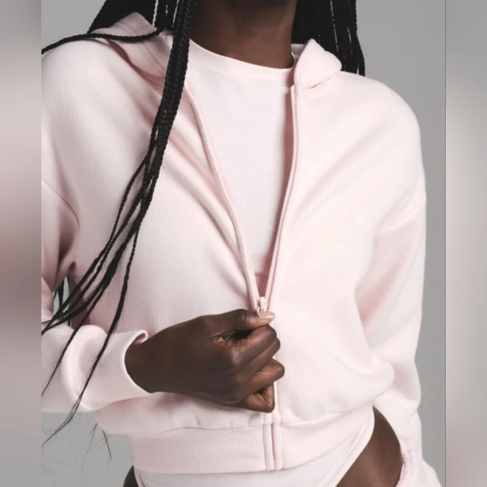 💕NWT SKIMS 🩷Cotton Fleece Shrunken Zip Up Cropped Hoodie Light BARELY PINK M - Picture 2 of 11